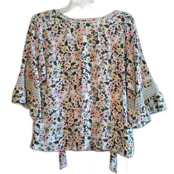 DR2 Floral Peasant Blouse Tie Back Crochet Bell Sleeve Light Blue L Boho Cottage - Picture 1 of 7